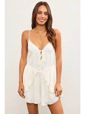 Women's Spaghetti Strap Ivory Layered Ruffle V-Neck Romper